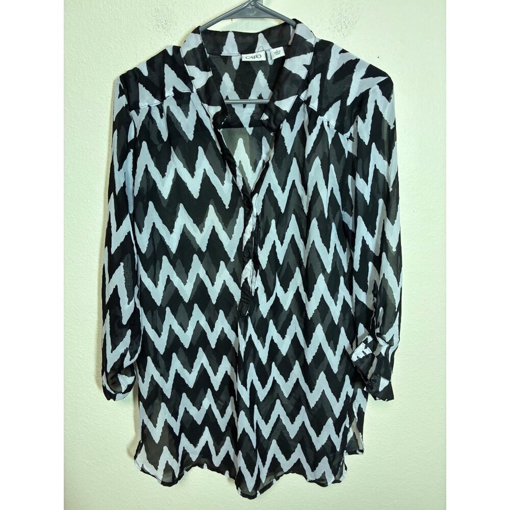 Cato Blouse Sheer Chevron Stripe Business Casual Black White Size Large BC10